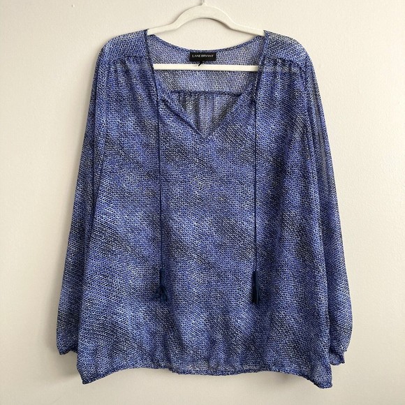 Lane Bryant Womens Plus Blue Black Dot Sheer Blouse Top Shirt Size 18/20 Tassels - Picture 1 of 12